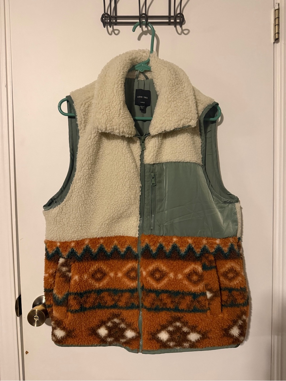Love Tree Green, Cream & Rust Sherpa Patchwork Vest